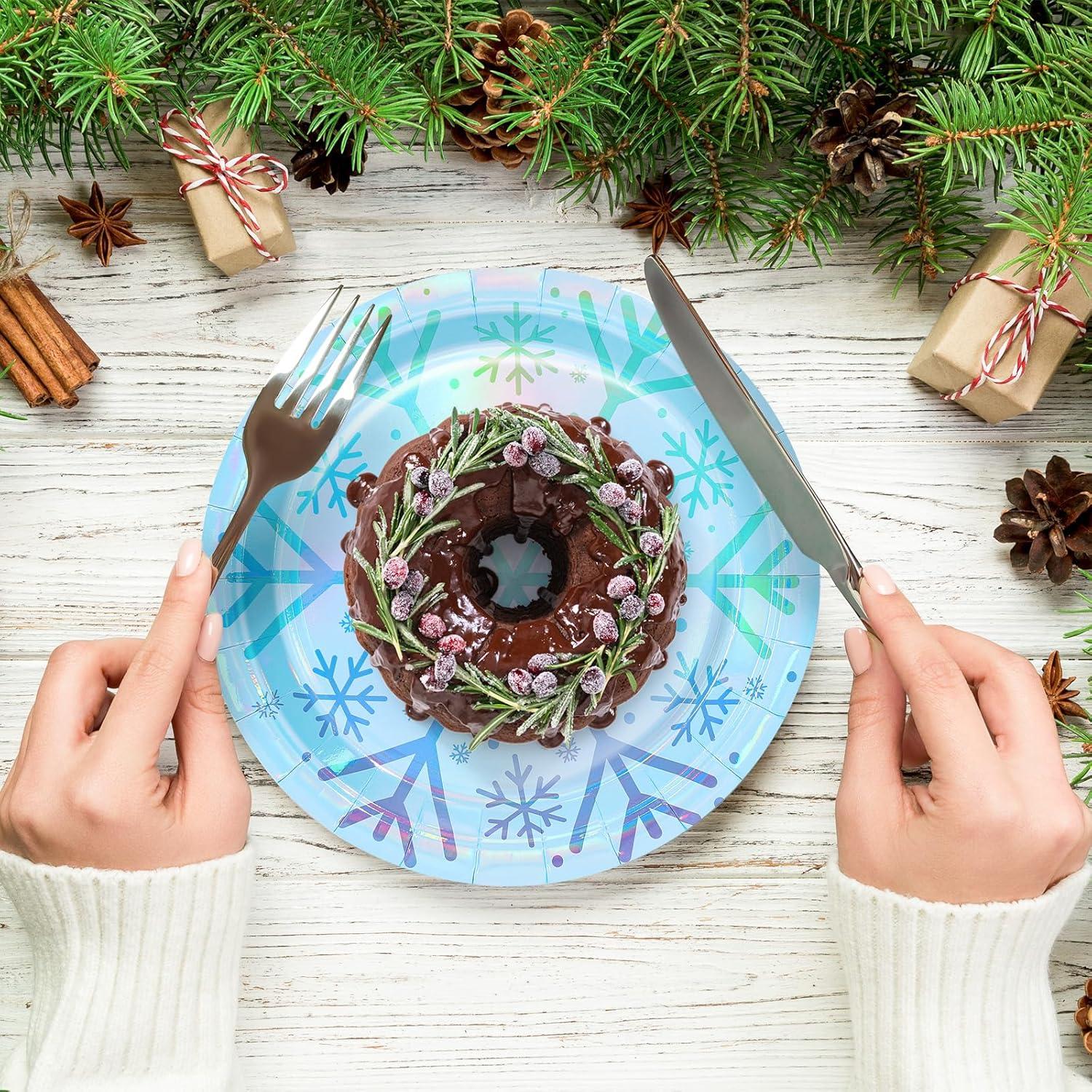 imageWhaline 50Pcs Iridescent Halloween Black Disposable Party Plates Silver Laser Ghost Paper Plates ColorChanging Holographic Dinner Plates for Spooky Kitchen Supplies 9 InchSnowflake