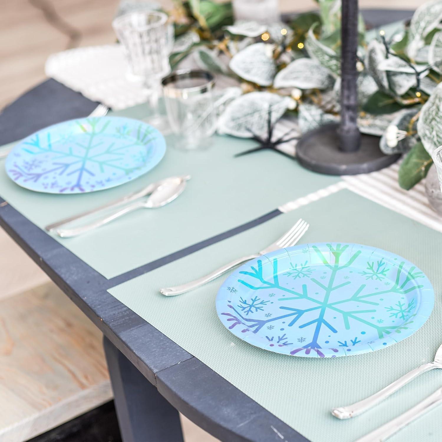 imageWhaline 50Pcs Iridescent Halloween Black Disposable Party Plates Silver Laser Ghost Paper Plates ColorChanging Holographic Dinner Plates for Spooky Kitchen Supplies 9 InchSnowflake