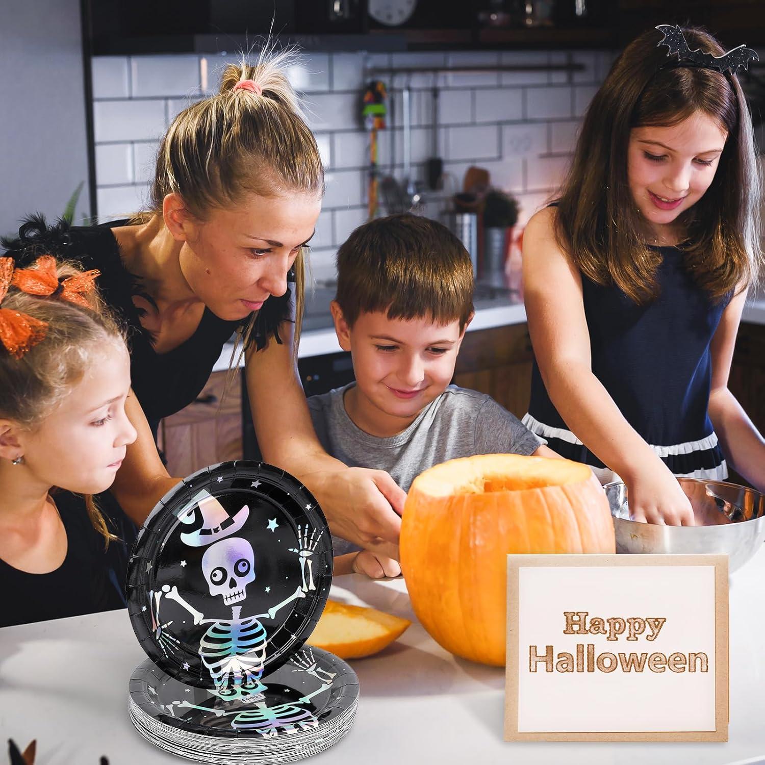 imageWhaline 50Pcs Iridescent Halloween Black Disposable Party Plates Silver Laser Ghost Paper Plates ColorChanging Holographic Dinner Plates for Spooky Kitchen Supplies 9 InchSkeleton