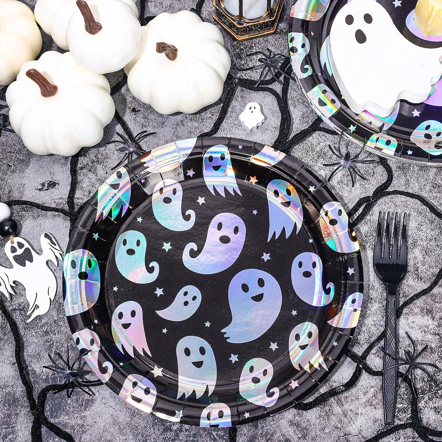 imageWhaline 50Pcs Iridescent Halloween Black Disposable Party Plates Silver Laser Ghost Paper Plates ColorChanging Holographic Dinner Plates for Spooky Kitchen Supplies 9 InchGhost