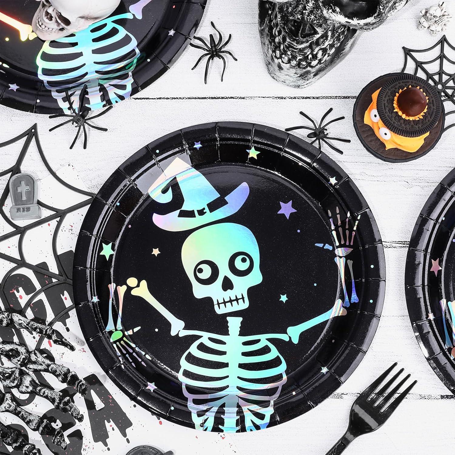 imageWhaline 50Pcs Iridescent Halloween Black Disposable Party Plates Silver Laser Ghost Paper Plates ColorChanging Holographic Dinner Plates for Spooky Kitchen Supplies 9 InchSkeleton