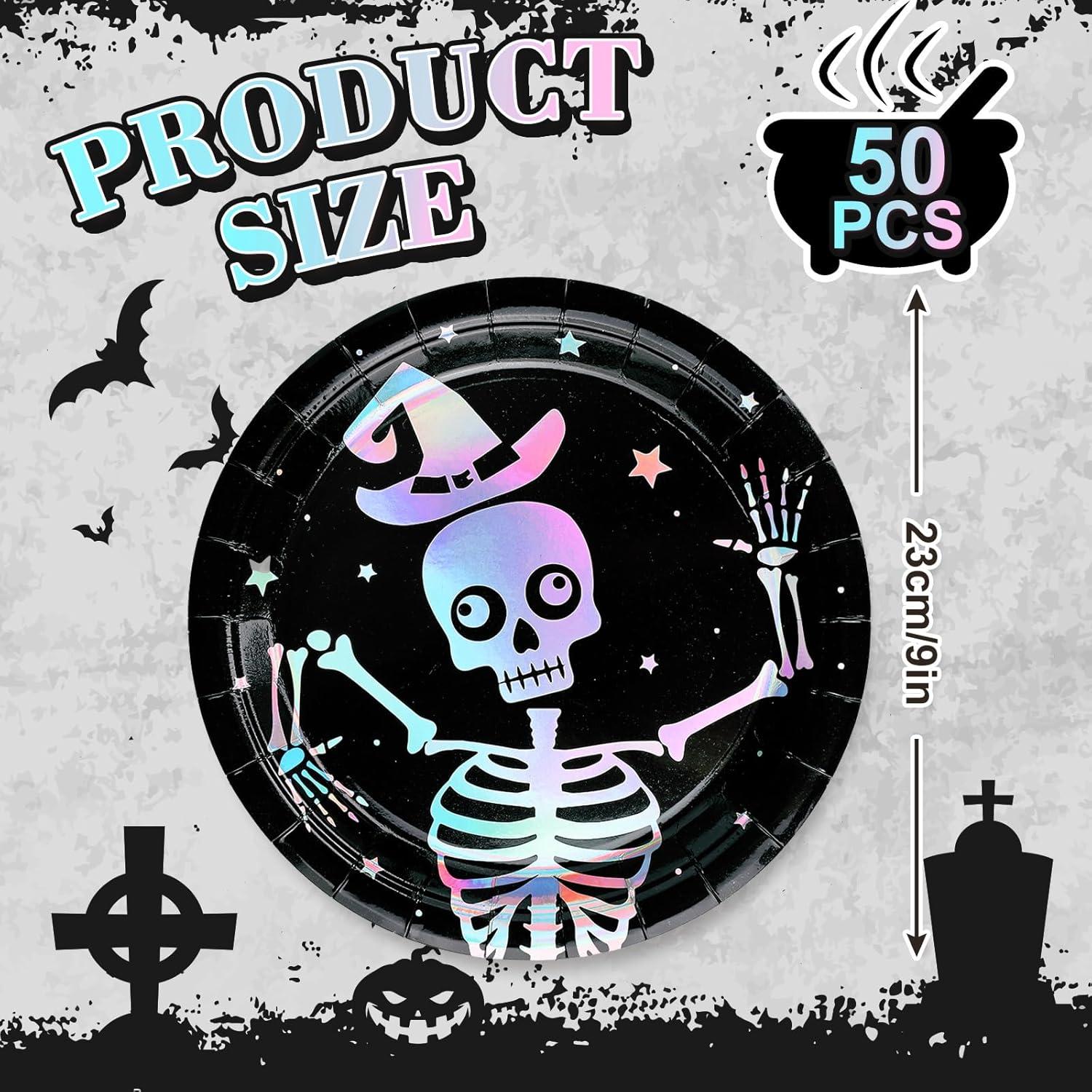 imageWhaline 50Pcs Iridescent Halloween Black Disposable Party Plates Silver Laser Ghost Paper Plates ColorChanging Holographic Dinner Plates for Spooky Kitchen Supplies 9 InchSkeleton