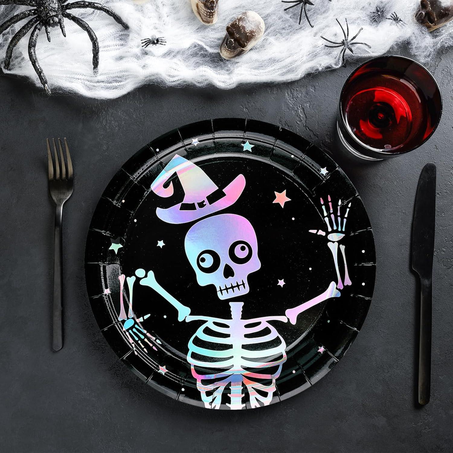 imageWhaline 50Pcs Iridescent Halloween Black Disposable Party Plates Silver Laser Ghost Paper Plates ColorChanging Holographic Dinner Plates for Spooky Kitchen Supplies 9 InchSkeleton