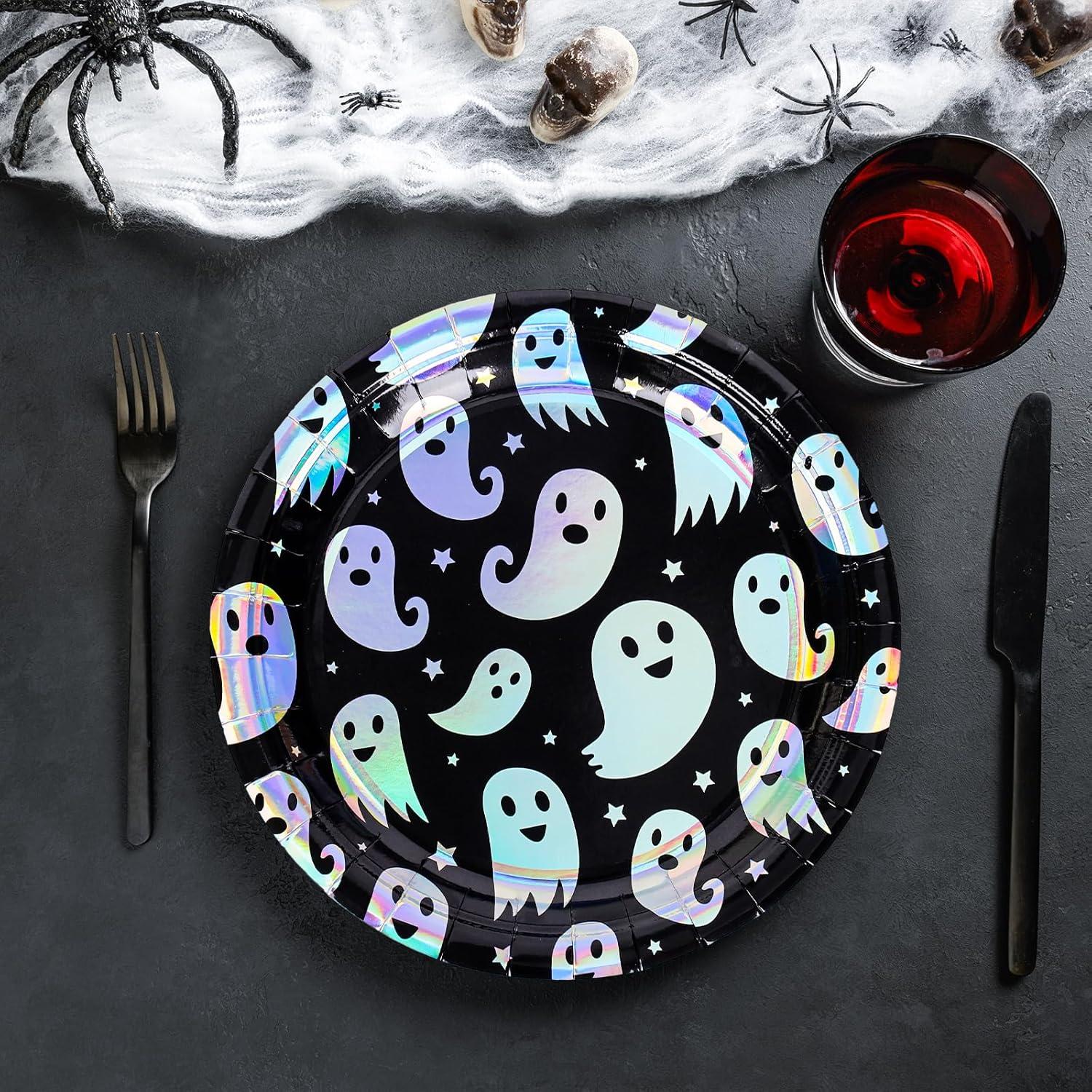 imageWhaline 50Pcs Iridescent Halloween Black Disposable Party Plates Silver Laser Ghost Paper Plates ColorChanging Holographic Dinner Plates for Spooky Kitchen Supplies 9 InchGhost