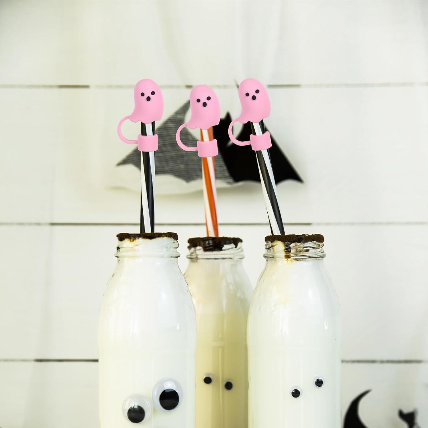 imageWhaline 5Pcs Halloween Straw Covers Cap Grimace Pumpkin Silicone Reusable Straw Topper Pink 10mm04In Straws Lids Protectors for 3040 OZ Tumbler Cups AccessoriesCute Ghost