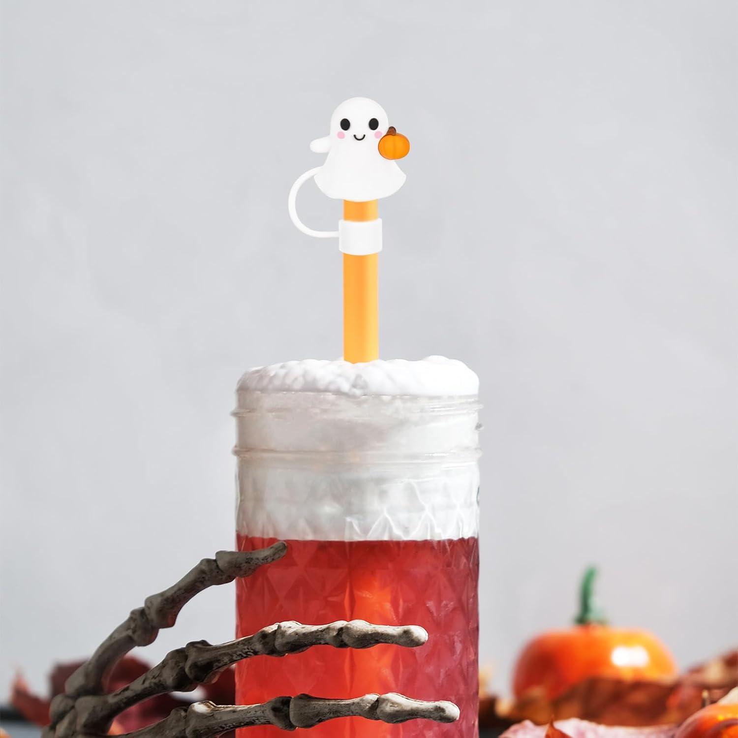 imageWhaline 5Pcs Halloween Straw Covers Cap Grimace Pumpkin Silicone Reusable Straw Topper Pink 10mm04In Straws Lids Protectors for 3040 OZ Tumbler Cups AccessoriesGhost with Pumpkin