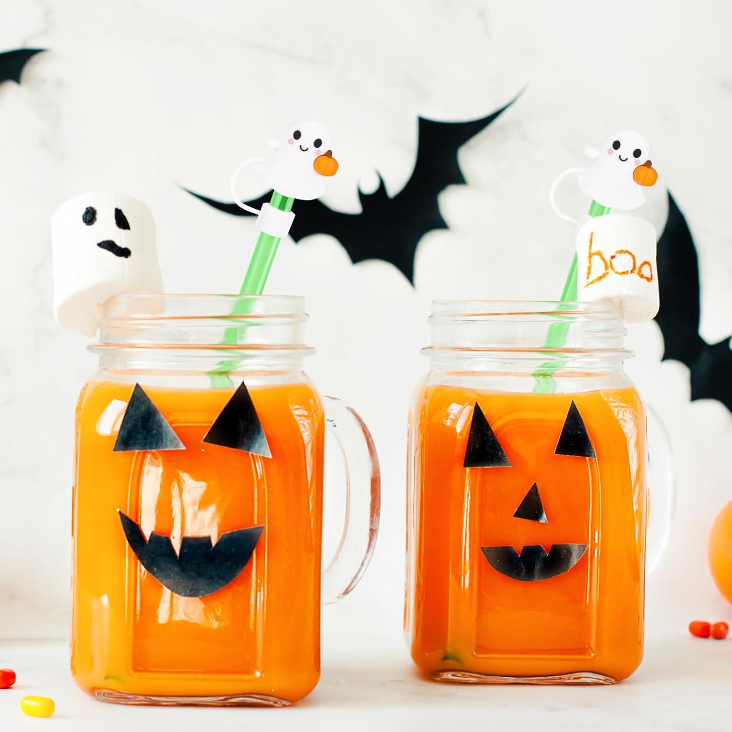 imageWhaline 5Pcs Halloween Straw Covers Cap Grimace Pumpkin Silicone Reusable Straw Topper Pink 10mm04In Straws Lids Protectors for 3040 OZ Tumbler Cups AccessoriesGhost with Pumpkin