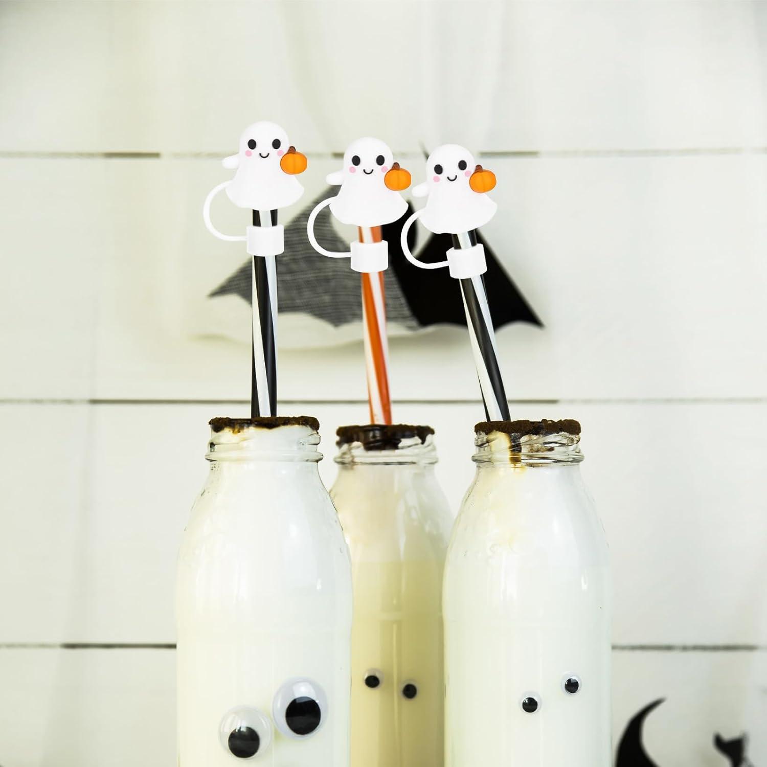 imageWhaline 5Pcs Halloween Straw Covers Cap Grimace Pumpkin Silicone Reusable Straw Topper Pink 10mm04In Straws Lids Protectors for 3040 OZ Tumbler Cups AccessoriesGhost with Pumpkin