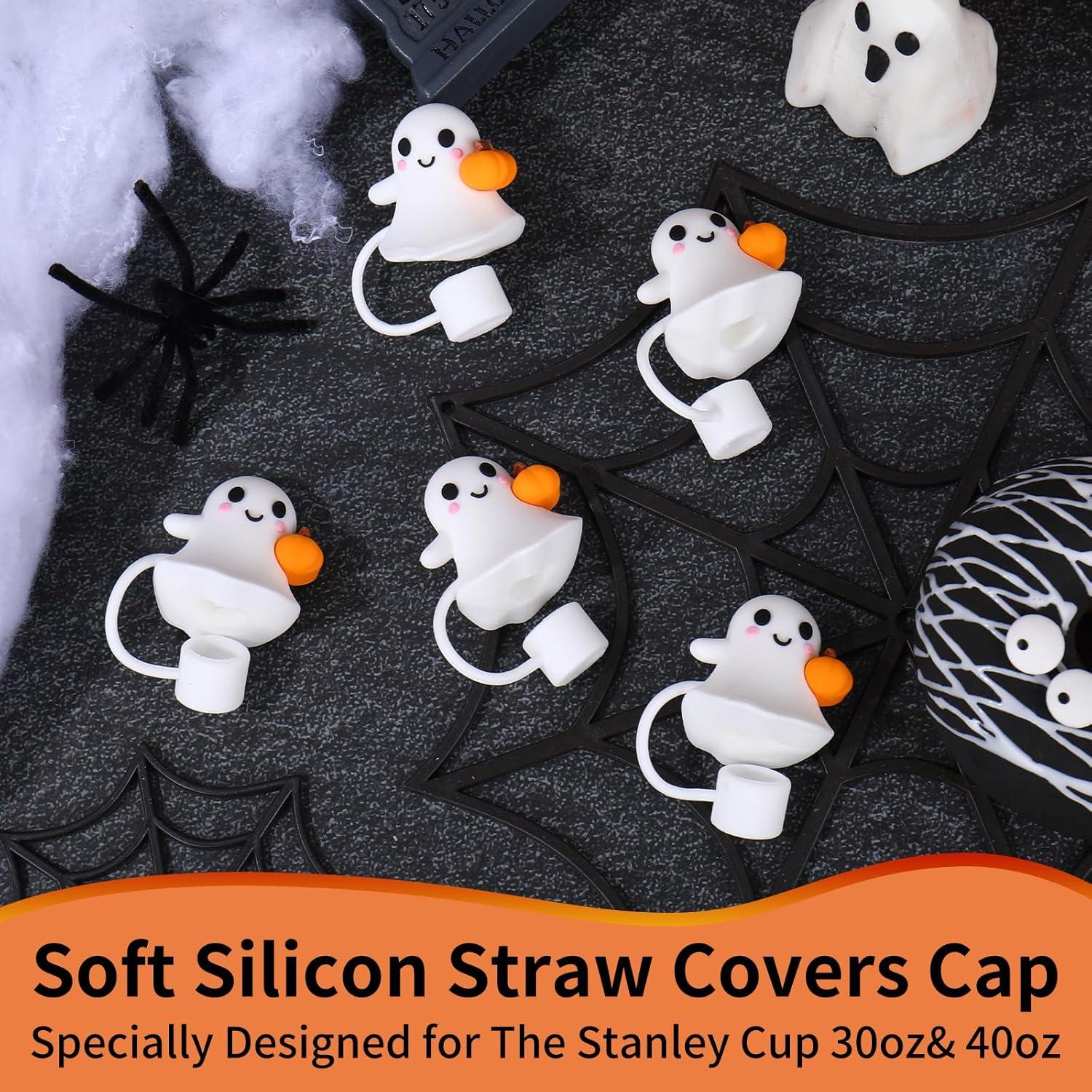 imageWhaline 5Pcs Halloween Straw Covers Cap Grimace Pumpkin Silicone Reusable Straw Topper Pink 10mm04In Straws Lids Protectors for 3040 OZ Tumbler Cups AccessoriesGhost with Pumpkin