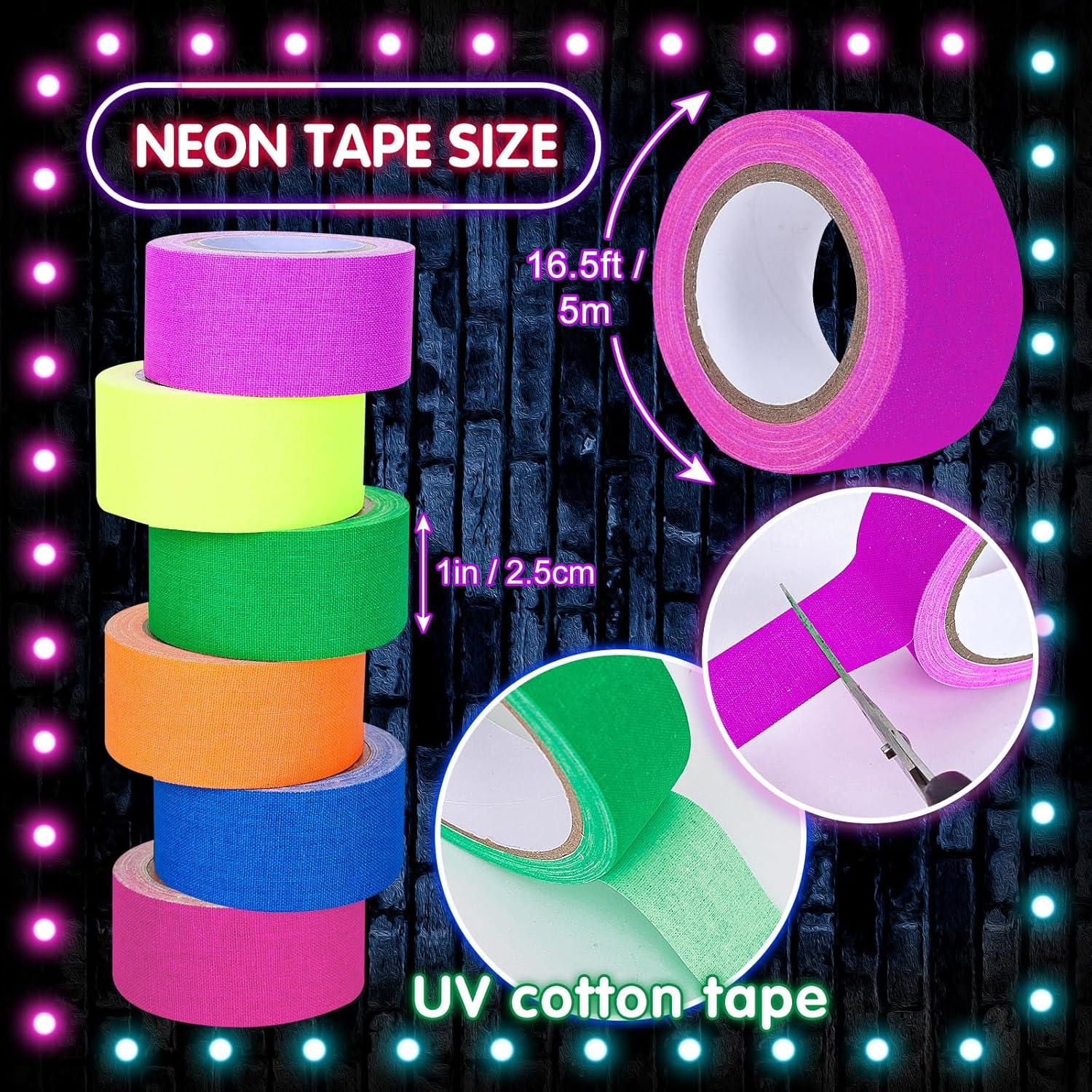 imageWhaline 6 Colors Neon Gaffer Cloth Tape Fluorescent Rainbow Color UV Blacklight Tape for UV Party 06 inch x 35 feet1 inch x 165 feet