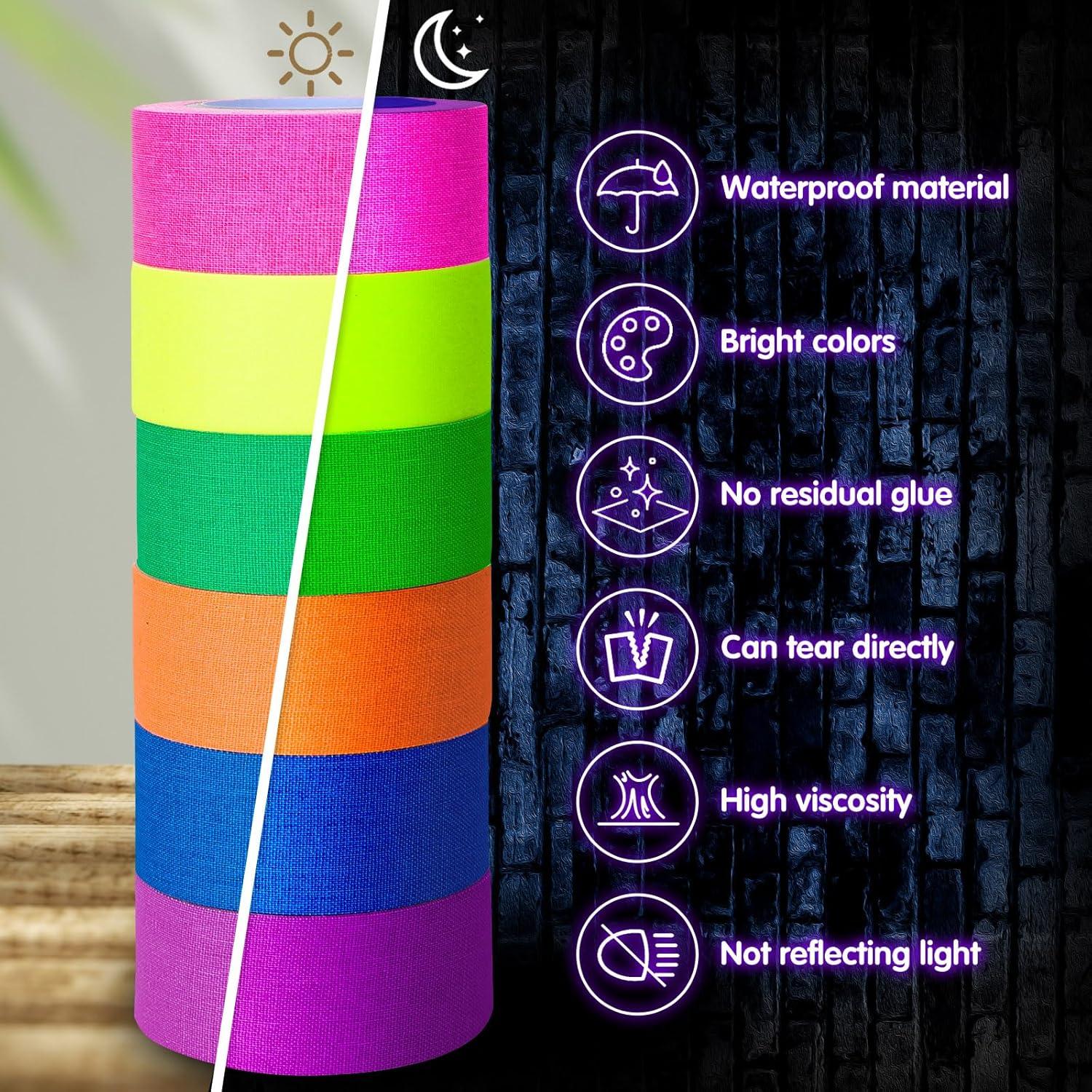 imageWhaline 6 Colors Neon Gaffer Cloth Tape Fluorescent Rainbow Color UV Blacklight Tape for UV Party 06 inch x 35 feet1 inch x 165 feet