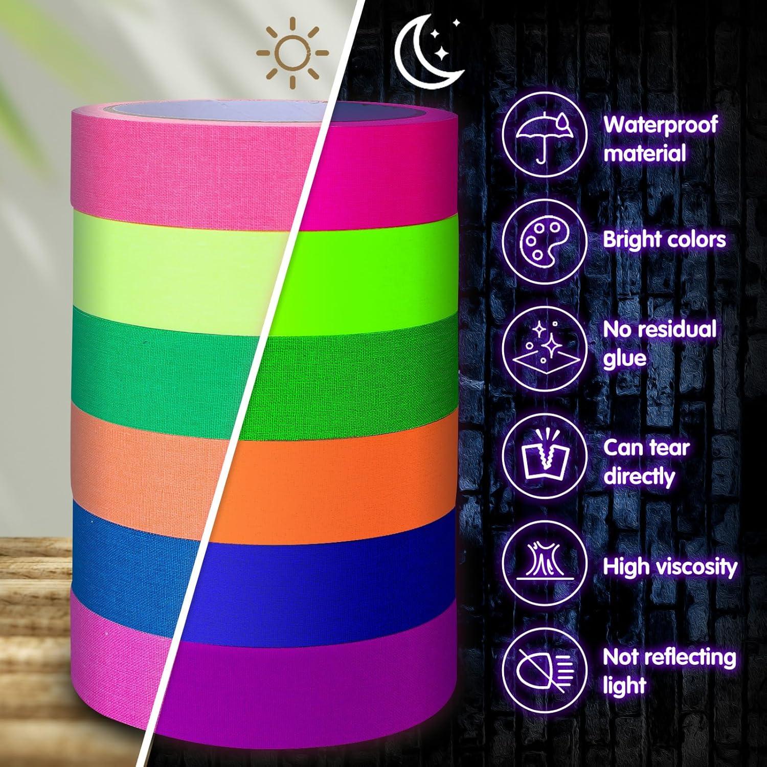 imageWhaline 6 Colors Neon Gaffer Cloth Tape Fluorescent Rainbow Color UV Blacklight Tape for UV Party 06 inch x 35 feet1 inch x 35 feet