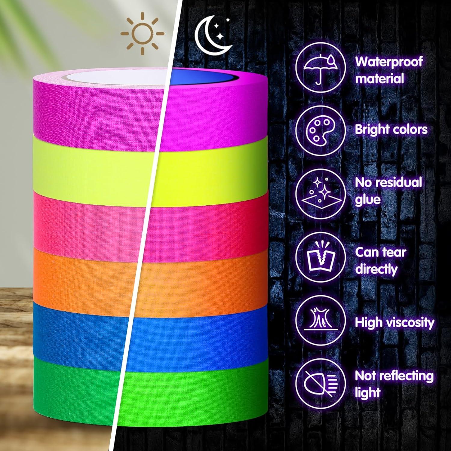 imageWhaline 6 Colors Neon Gaffer Cloth Tape Fluorescent Rainbow Color UV Blacklight Tape for UV Party 06 inch x 35 feet1 inch x 60 feet