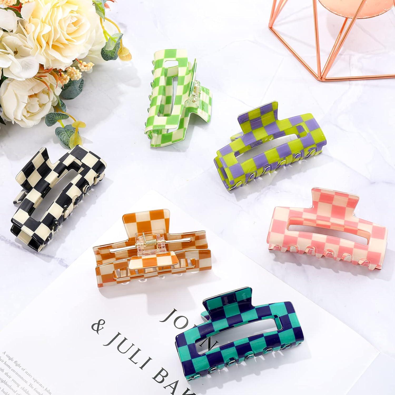 imageWhaline 6 Pack Checkered Hair Claw Clips Strong Hold Rectangle Hair Claw Multicolored Plaid NonSlip Catch Hair Clips Jumbo Hair Styling Accessories for Women Girls Thin Thick Hair