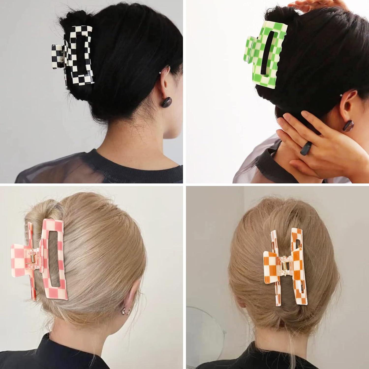imageWhaline 6 Pack Checkered Hair Claw Clips Strong Hold Rectangle Hair Claw Multicolored Plaid NonSlip Catch Hair Clips Jumbo Hair Styling Accessories for Women Girls Thin Thick Hair