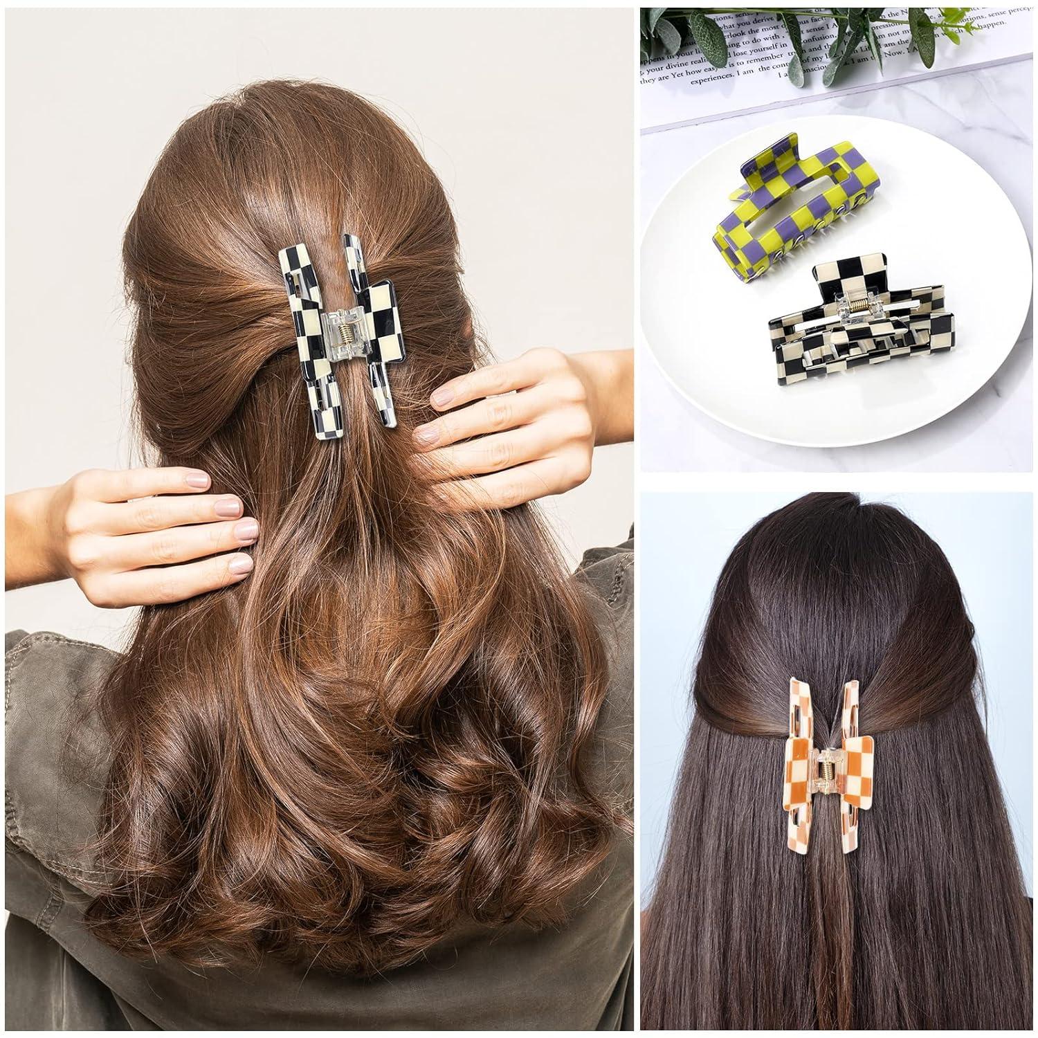 imageWhaline 6 Pack Checkered Hair Claw Clips Strong Hold Rectangle Hair Claw Multicolored Plaid NonSlip Catch Hair Clips Jumbo Hair Styling Accessories for Women Girls Thin Thick Hair