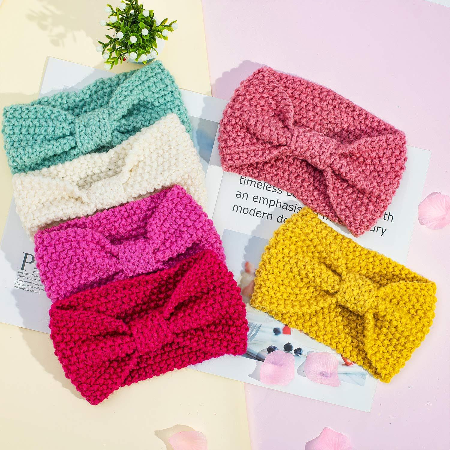 imageWhaline 6 Pieces Knit Headbands Winter Ear Warmers Elastic Turban Head Wraps with Crocheted Bow Knot Hair Band Accessories Hair Scrunchies Scarves for Women Girls Candy Colors