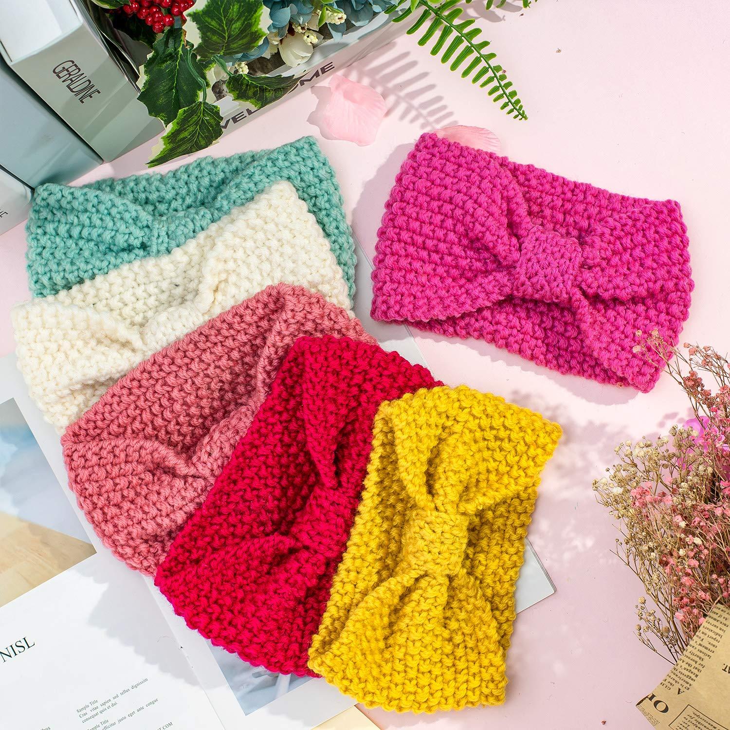 imageWhaline 6 Pieces Knit Headbands Winter Ear Warmers Elastic Turban Head Wraps with Crocheted Bow Knot Hair Band Accessories Hair Scrunchies Scarves for Women Girls Candy Colors