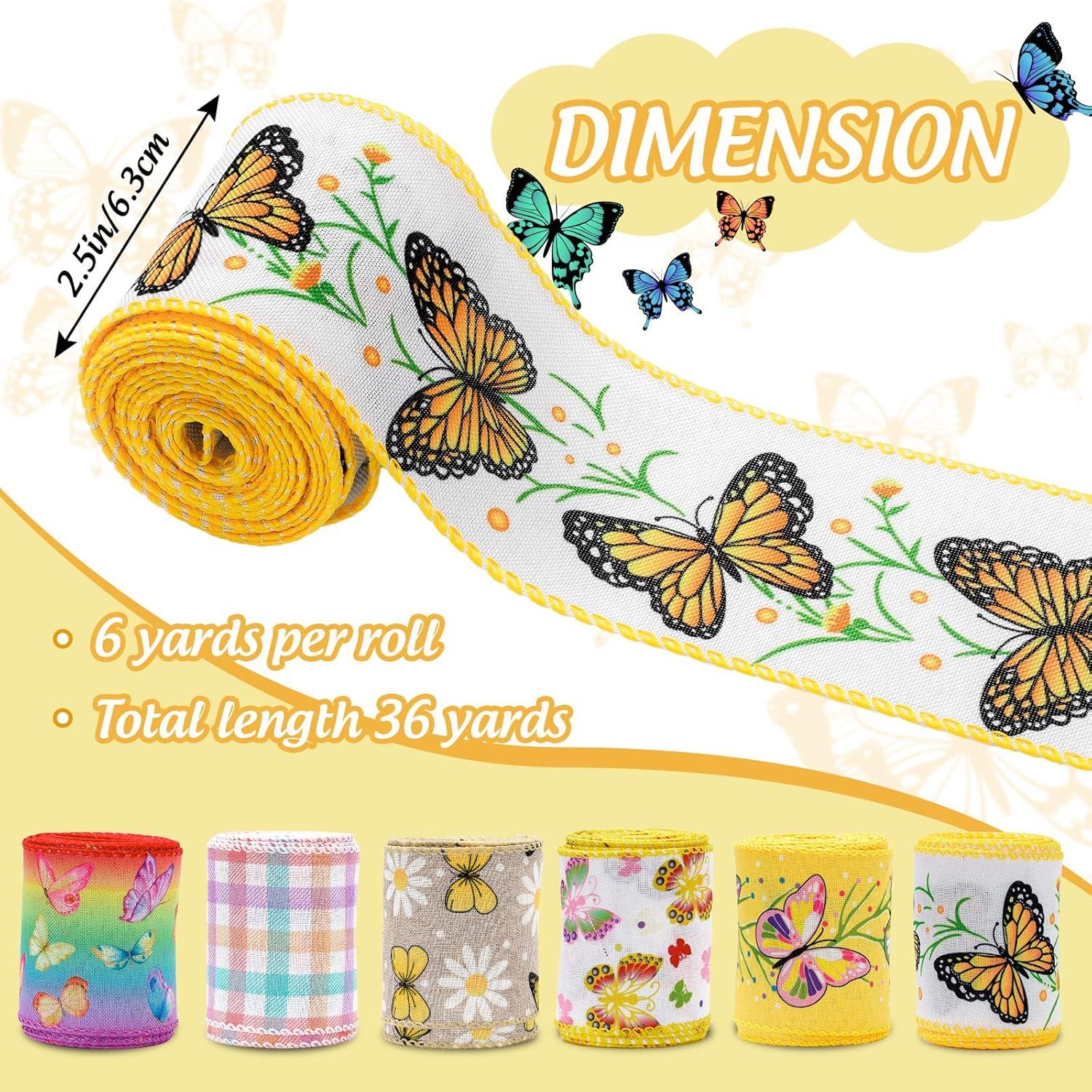 imageWhaline 6 Roll Butterfly Wired Edge Ribbon 36 Yards Colorful Butterfly Daisy Flower Plaids Craft Ribbon Spring Summer Farmhouse Fabric Ribbon for Gift Wrapping Hair Bow Sewing Wreath Crafts 25 Inch