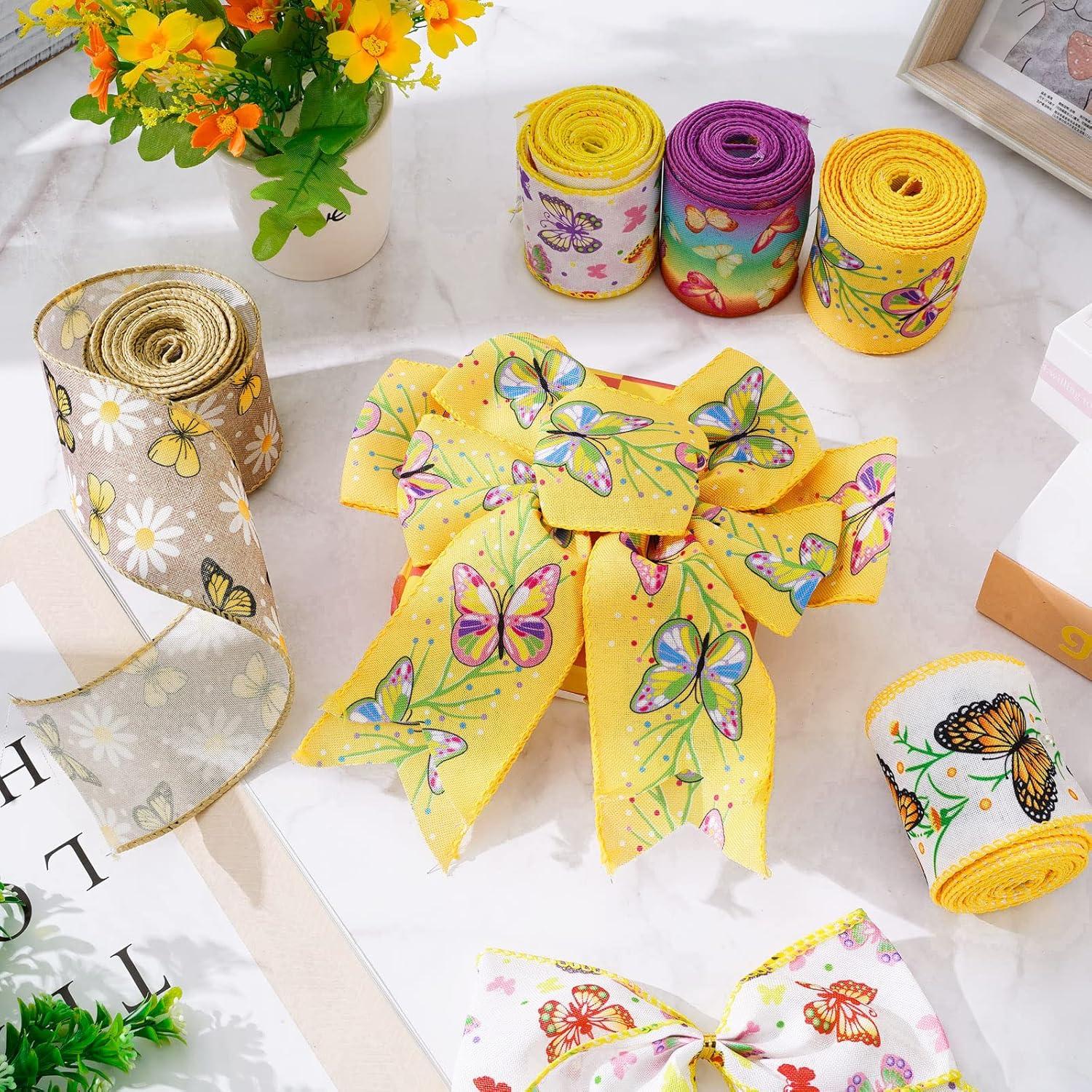 imageWhaline 6 Roll Butterfly Wired Edge Ribbon 36 Yards Colorful Butterfly Daisy Flower Plaids Craft Ribbon Spring Summer Farmhouse Fabric Ribbon for Gift Wrapping Hair Bow Sewing Wreath Crafts 25 Inch