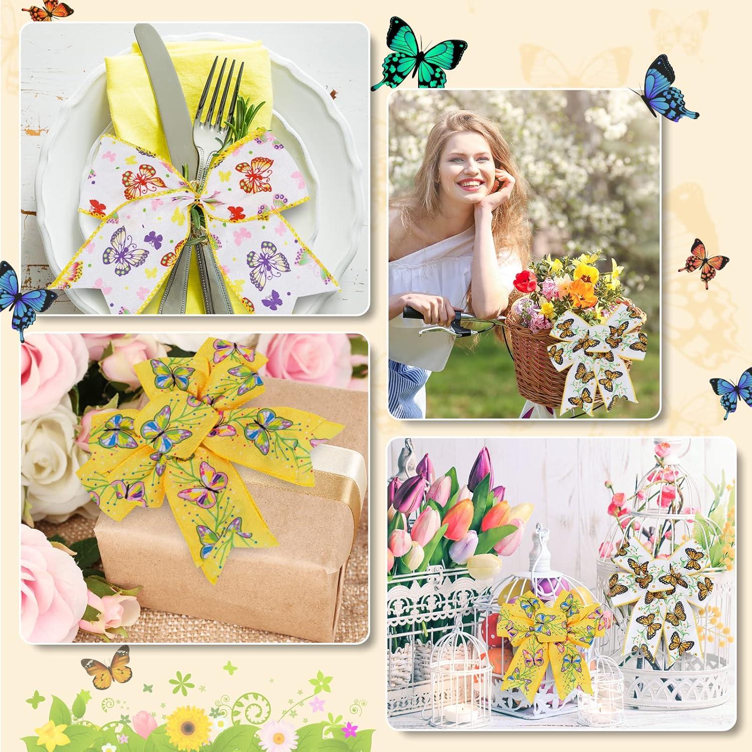 imageWhaline 6 Roll Butterfly Wired Edge Ribbon 36 Yards Colorful Butterfly Daisy Flower Plaids Craft Ribbon Spring Summer Farmhouse Fabric Ribbon for Gift Wrapping Hair Bow Sewing Wreath Crafts 25 Inch