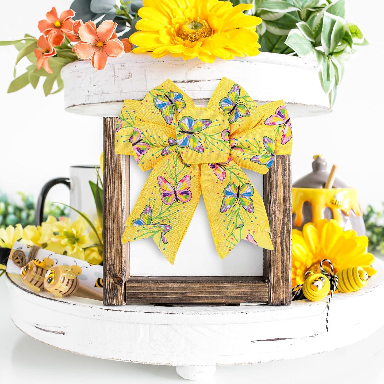 imageWhaline 6 Roll Butterfly Wired Edge Ribbon 36 Yards Colorful Butterfly Daisy Flower Plaids Craft Ribbon Spring Summer Farmhouse Fabric Ribbon for Gift Wrapping Hair Bow Sewing Wreath Crafts 25 Inch