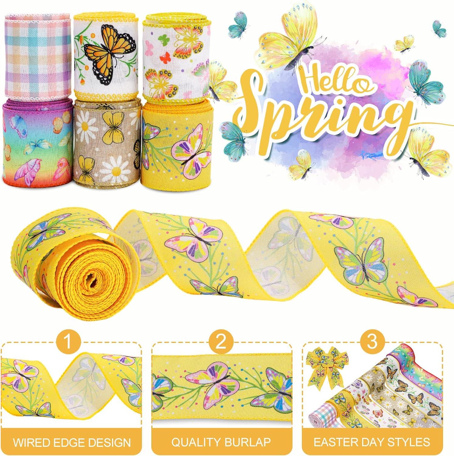 imageWhaline 6 Roll Butterfly Wired Edge Ribbon 36 Yards Colorful Butterfly Daisy Flower Plaids Craft Ribbon Spring Summer Farmhouse Fabric Ribbon for Gift Wrapping Hair Bow Sewing Wreath Crafts 25 Inch