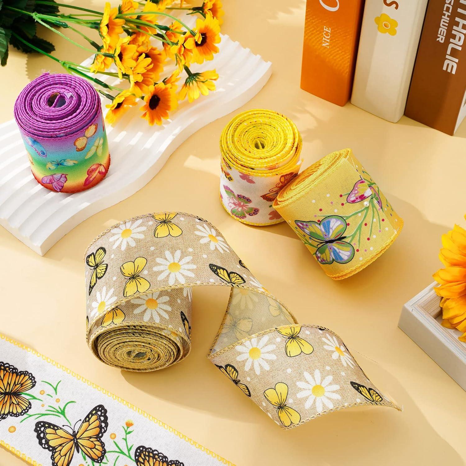imageWhaline 6 Roll Butterfly Wired Edge Ribbon 36 Yards Colorful Butterfly Daisy Flower Plaids Craft Ribbon Spring Summer Farmhouse Fabric Ribbon for Gift Wrapping Hair Bow Sewing Wreath Crafts 25 Inch