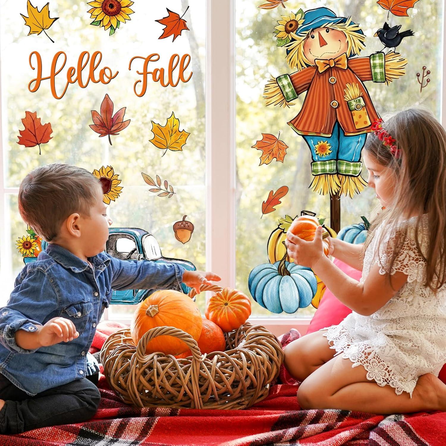 imageWhaline 6 Sheet Halloween Window Clings Black Orange Evil Scarecrow Pumpkin Truck Reusable Window Decals for Home Office School Glass DecorBlueOrange Scarecrow