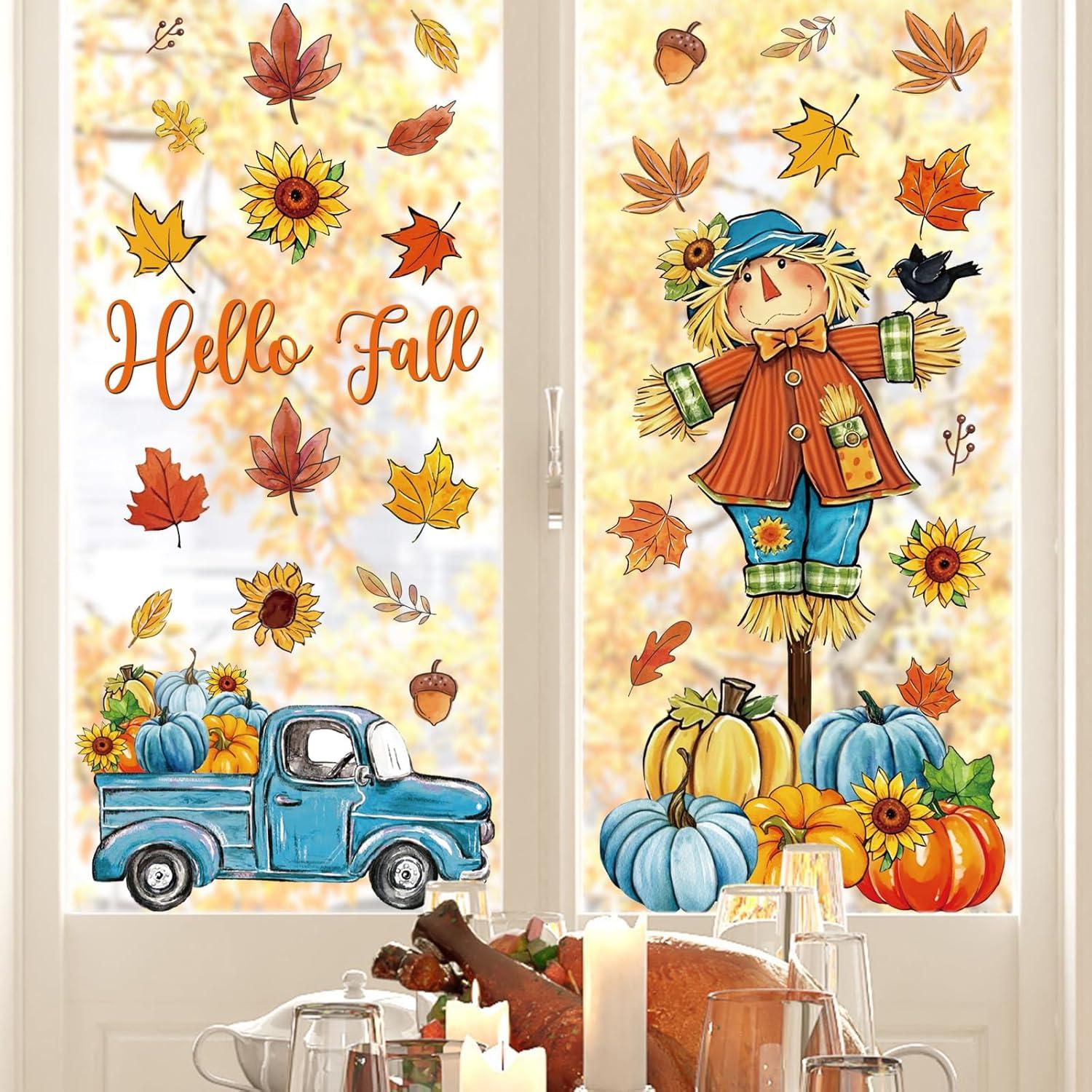 imageWhaline 6 Sheet Halloween Window Clings Black Orange Evil Scarecrow Pumpkin Truck Reusable Window Decals for Home Office School Glass DecorBlueOrange Scarecrow