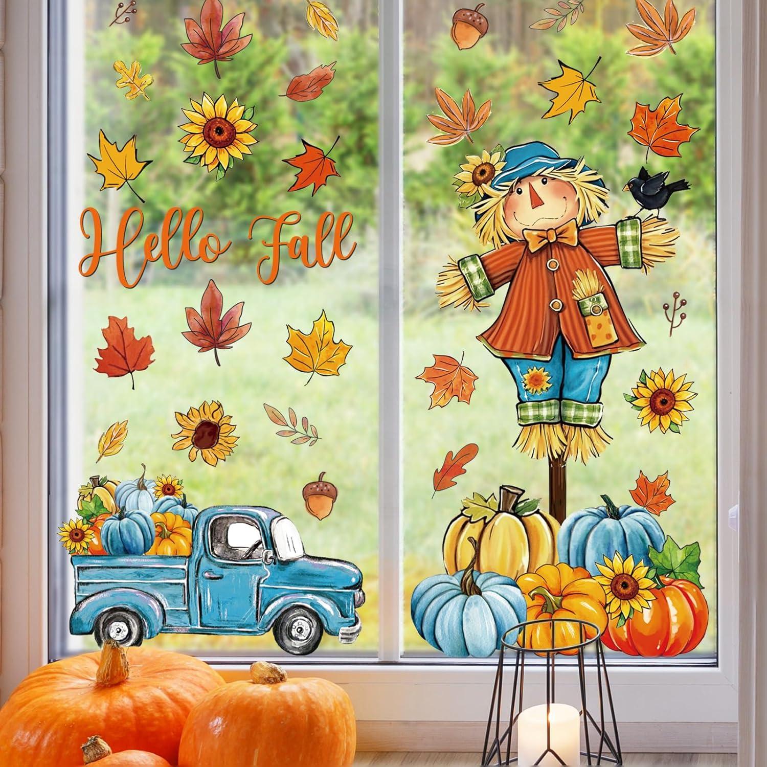 imageWhaline 6 Sheet Halloween Window Clings Black Orange Evil Scarecrow Pumpkin Truck Reusable Window Decals for Home Office School Glass DecorBlueOrange Scarecrow