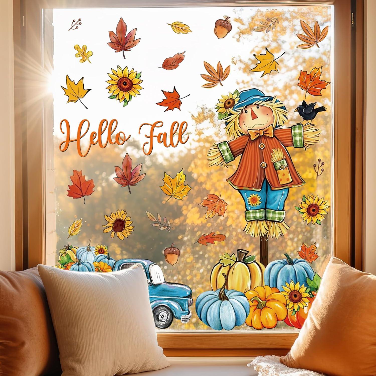 imageWhaline 6 Sheet Halloween Window Clings Black Orange Evil Scarecrow Pumpkin Truck Reusable Window Decals for Home Office School Glass DecorBlueOrange Scarecrow