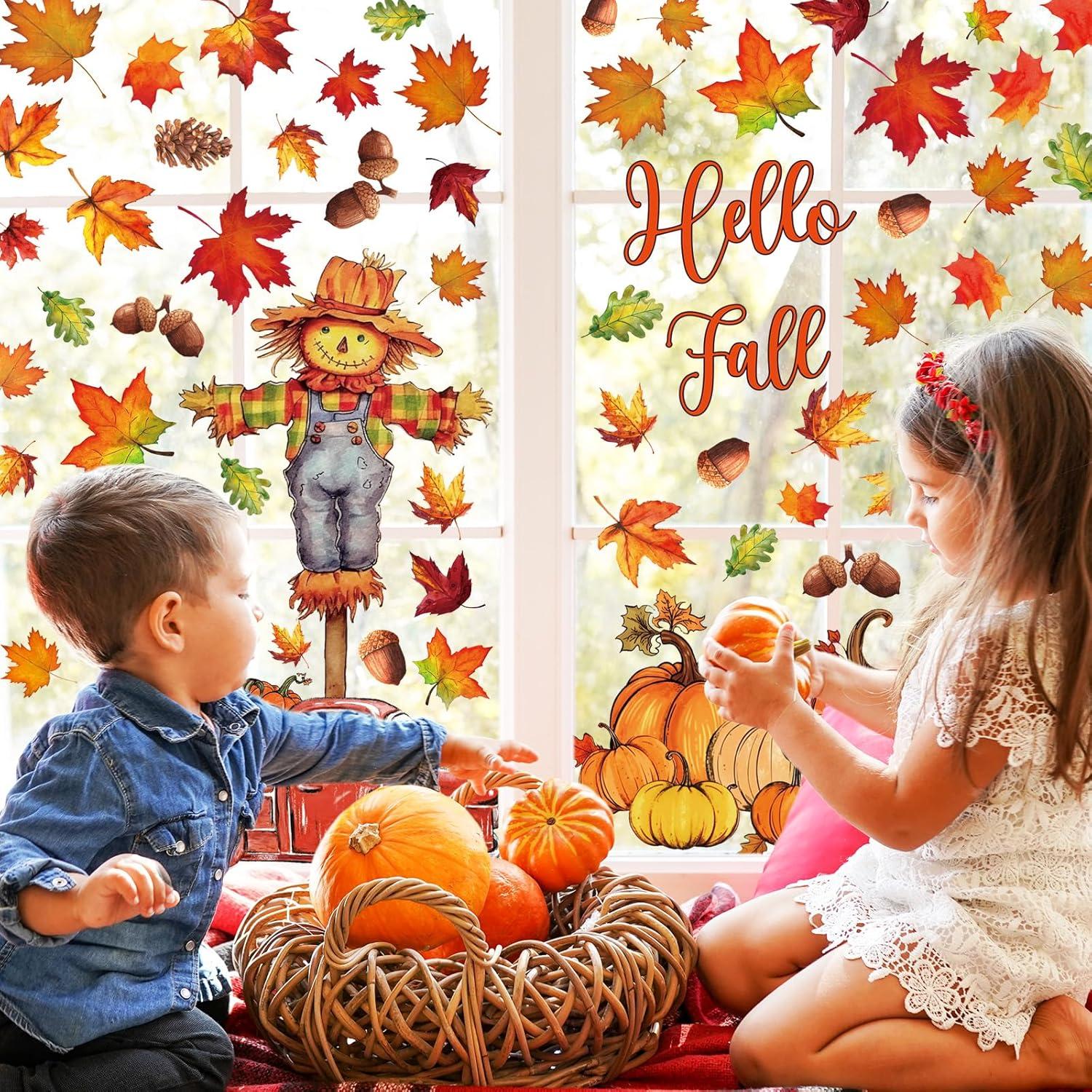 imageWhaline 6 Sheet Halloween Window Clings Black Orange Evil Scarecrow Pumpkin Truck Reusable Window Decals for Home Office School Glass DecorFall Scarecrow