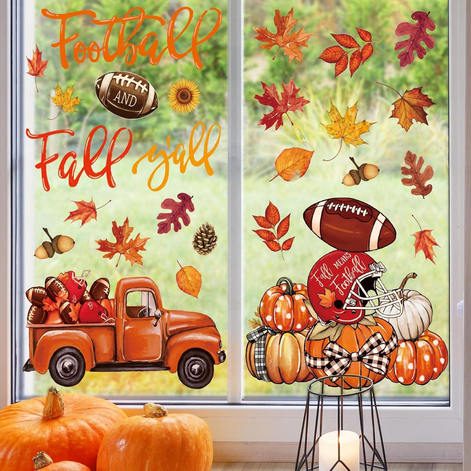 imageWhaline 6 Sheet Halloween Window Clings Black Orange Evil Scarecrow Pumpkin Truck Reusable Window Decals for Home Office School Glass DecorFootball and Fall Yall