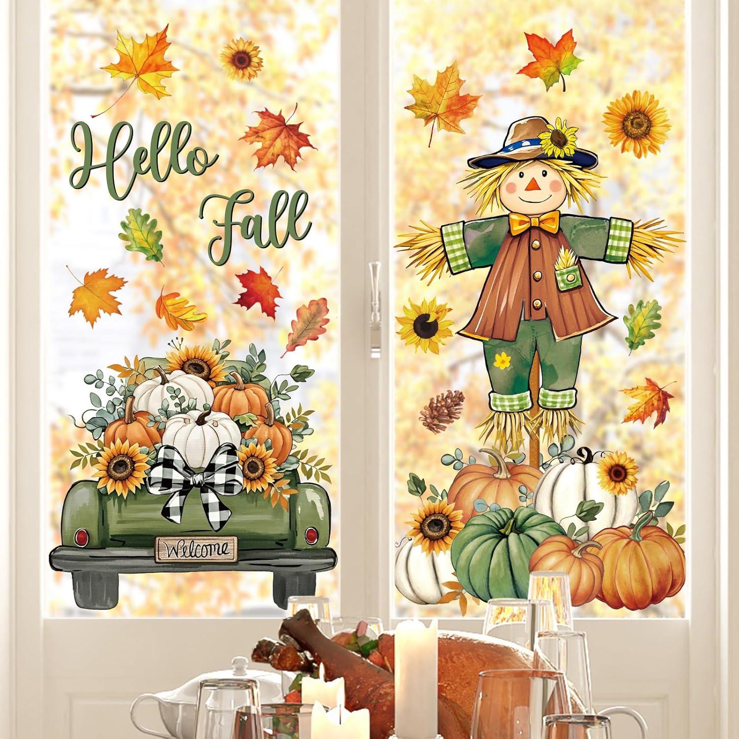 imageWhaline 6 Sheet Halloween Window Clings Black Orange Evil Scarecrow Pumpkin Truck Reusable Window Decals for Home Office School Glass DecorGreenOrange Scarecrow