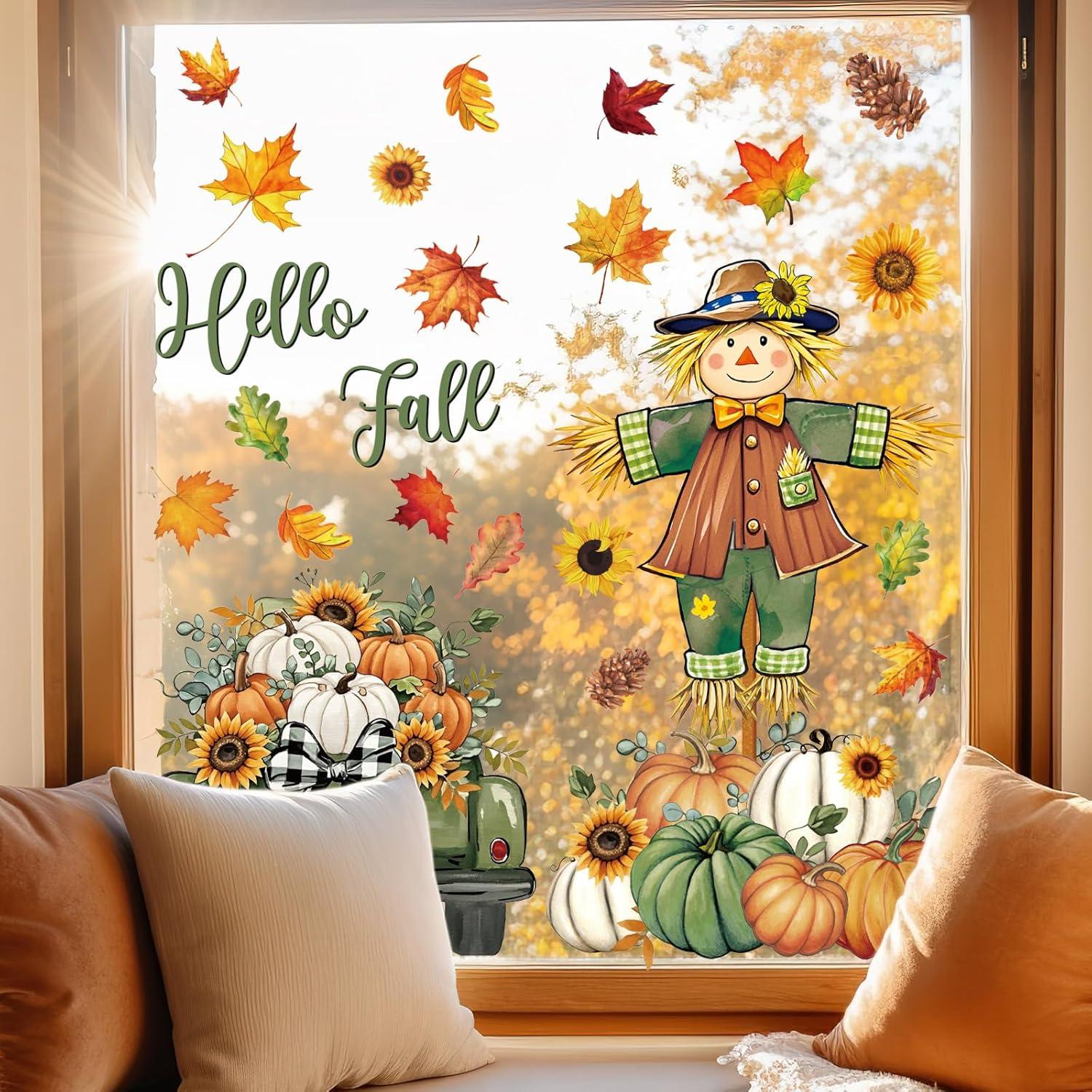imageWhaline 6 Sheet Halloween Window Clings Black Orange Evil Scarecrow Pumpkin Truck Reusable Window Decals for Home Office School Glass DecorGreenOrange Scarecrow