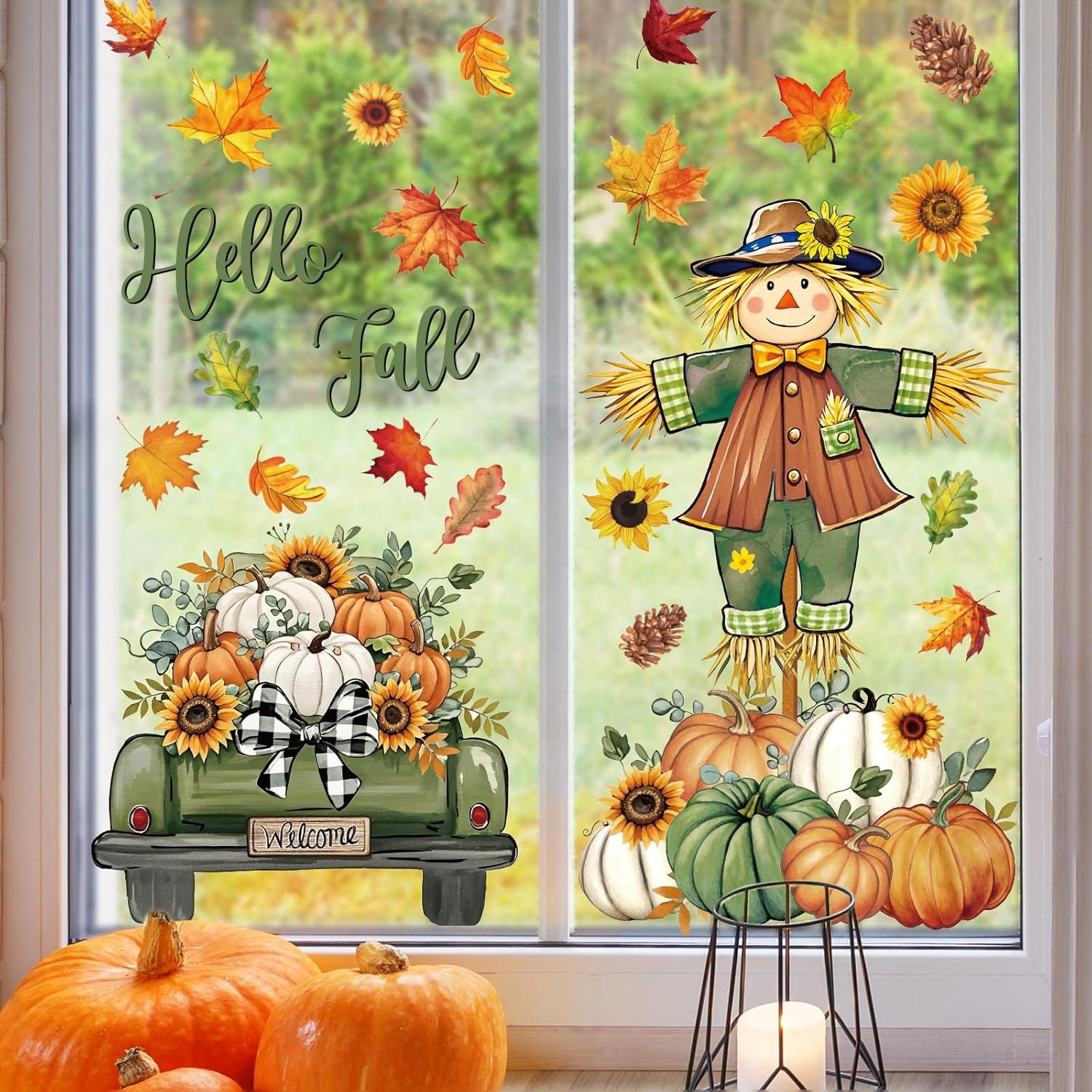 imageWhaline 6 Sheet Halloween Window Clings Black Orange Evil Scarecrow Pumpkin Truck Reusable Window Decals for Home Office School Glass DecorGreenOrange Scarecrow