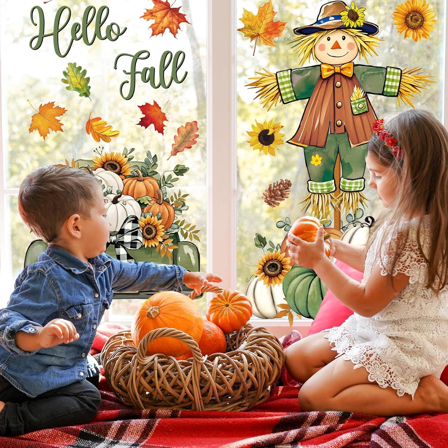 imageWhaline 6 Sheet Halloween Window Clings Black Orange Evil Scarecrow Pumpkin Truck Reusable Window Decals for Home Office School Glass DecorGreenOrange Scarecrow