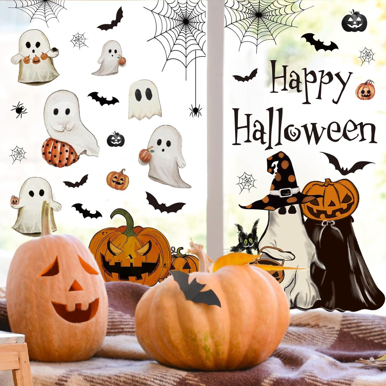 imageWhaline 6 Sheet Halloween Window Clings Black Orange Evil Scarecrow Pumpkin Truck Reusable Window Decals for Home Office School Glass DecorHalloween Ghost