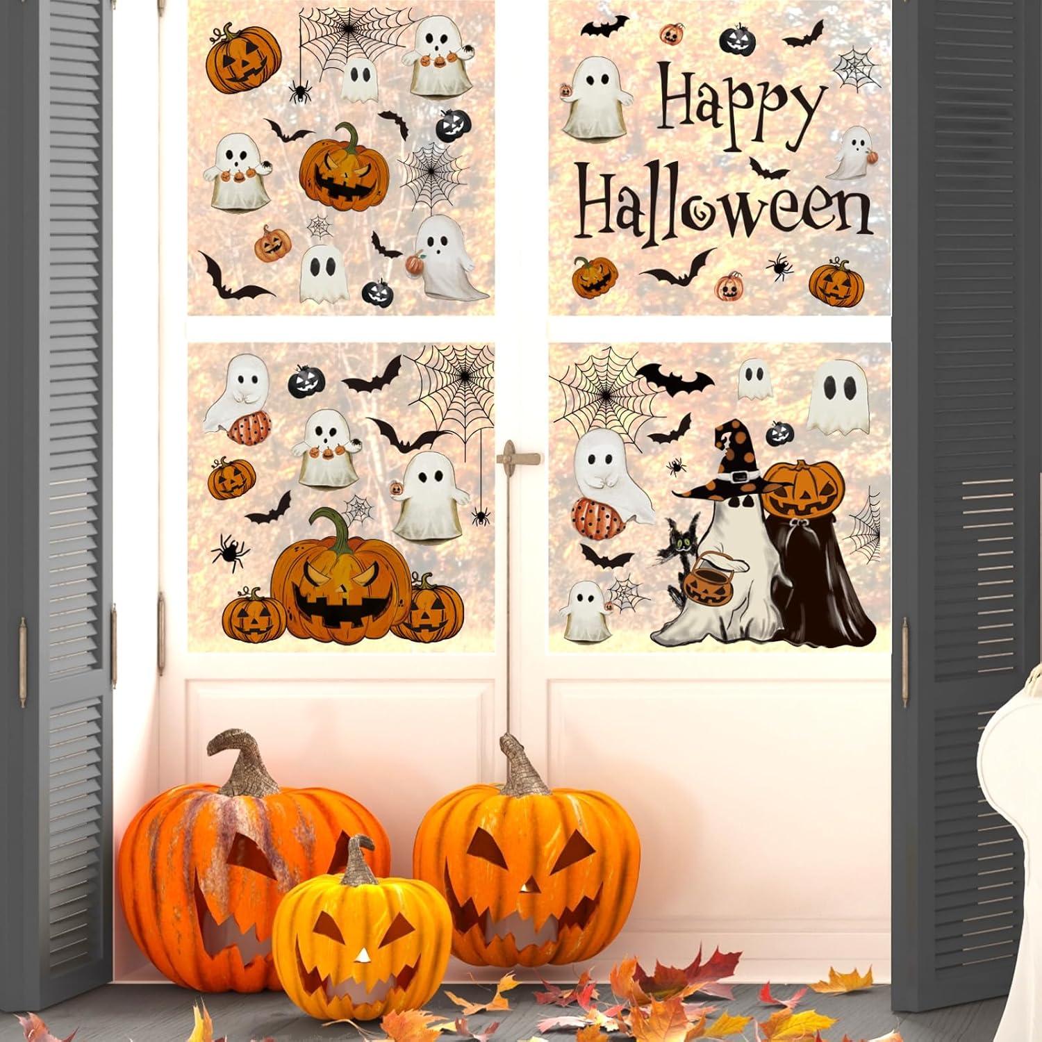 imageWhaline 6 Sheet Halloween Window Clings Black Orange Evil Scarecrow Pumpkin Truck Reusable Window Decals for Home Office School Glass DecorHalloween Ghost