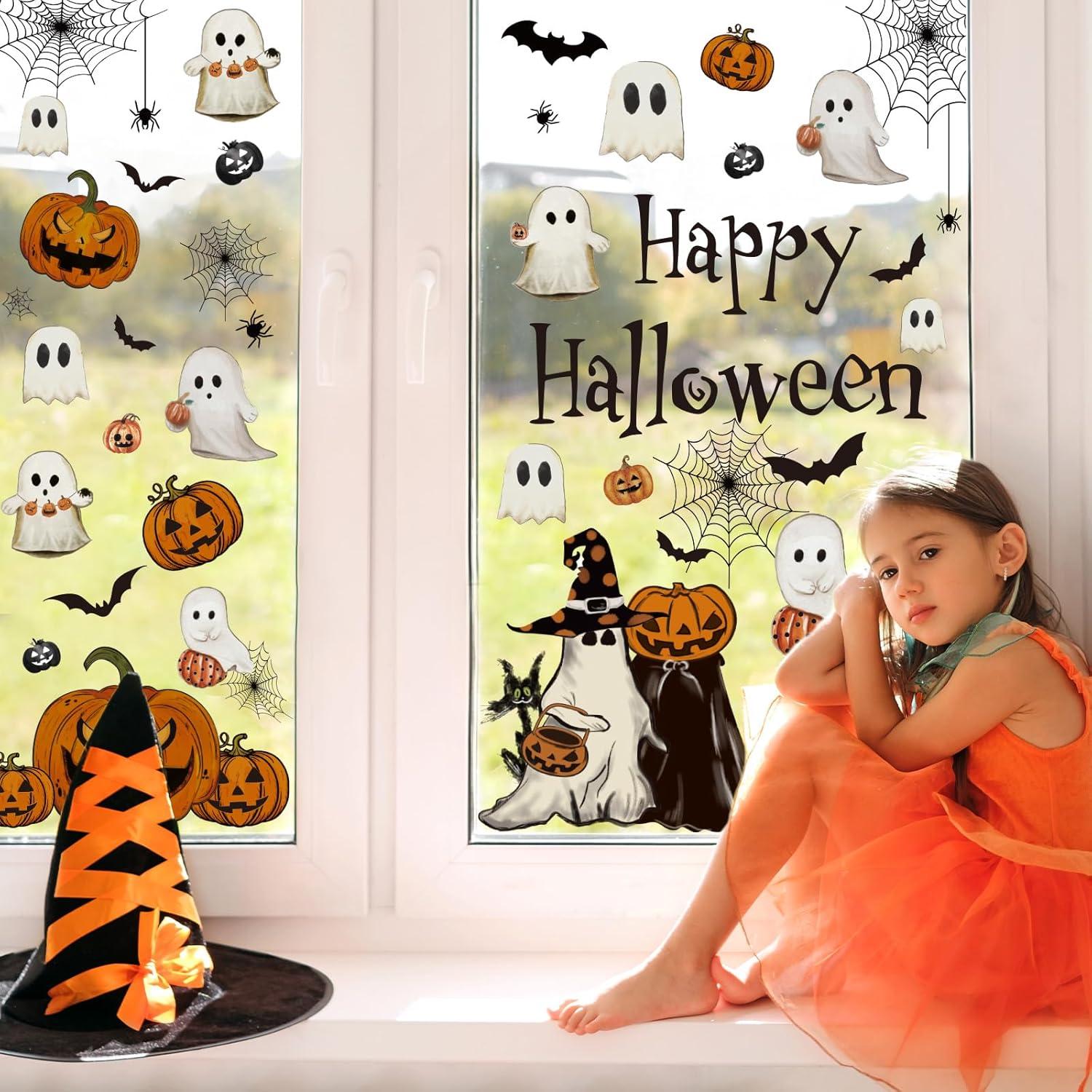 imageWhaline 6 Sheet Halloween Window Clings Black Orange Evil Scarecrow Pumpkin Truck Reusable Window Decals for Home Office School Glass DecorHalloween Ghost