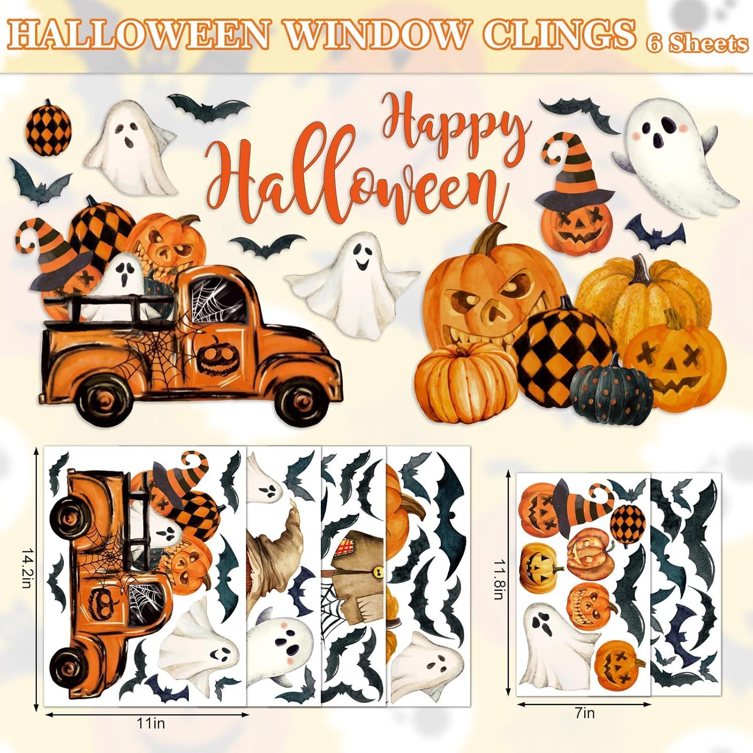 imageWhaline 6 Sheet Halloween Window Clings Black Orange Evil Scarecrow Pumpkin Truck Reusable Window Decals for Home Office School Glass DecorHalloween Scarecrow
