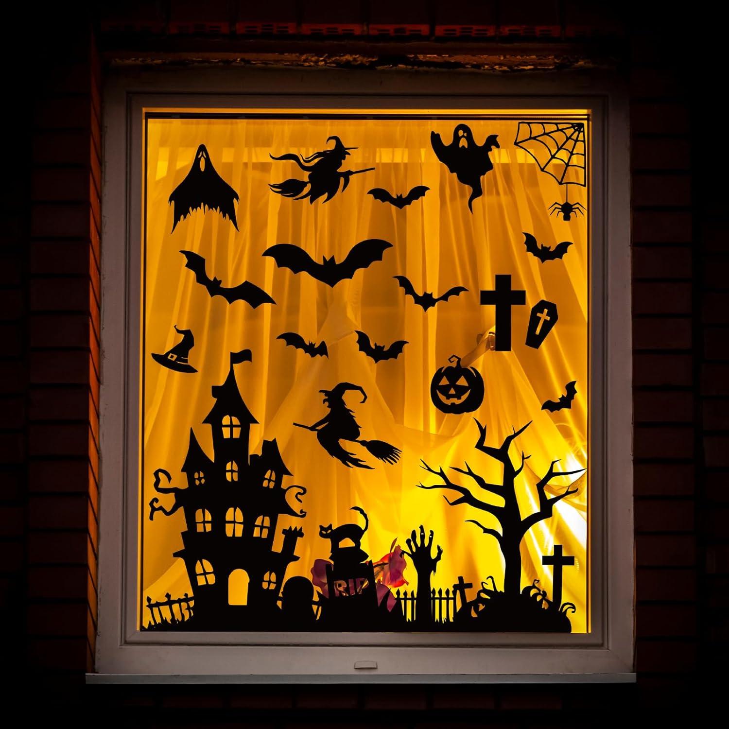 imageWhaline 6 Sheet Halloween Window Clings Black Orange Evil Scarecrow Pumpkin Truck Reusable Window Decals for Home Office School Glass DecorHalloween Silhoutte