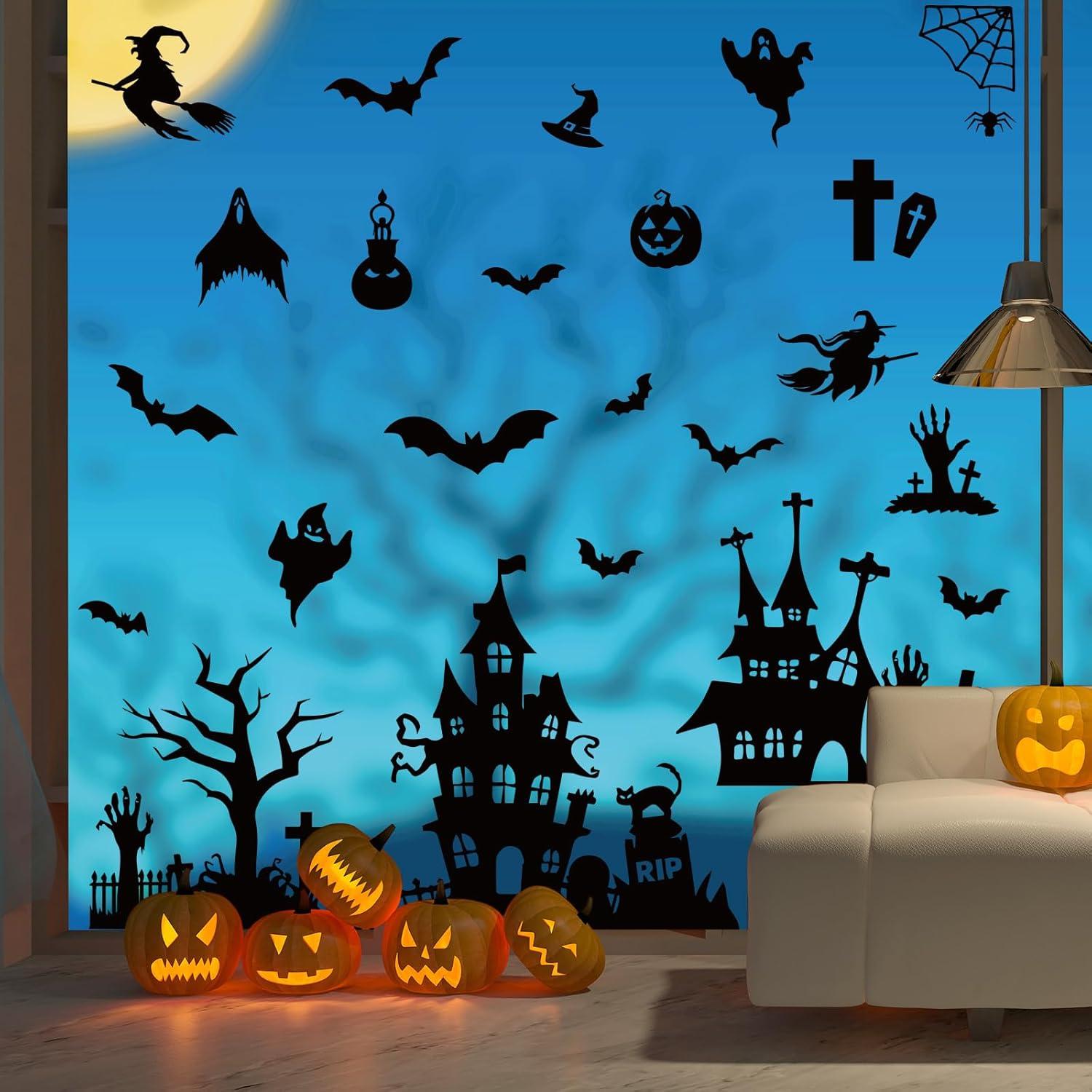 imageWhaline 6 Sheet Halloween Window Clings Black Orange Evil Scarecrow Pumpkin Truck Reusable Window Decals for Home Office School Glass DecorHalloween Silhoutte