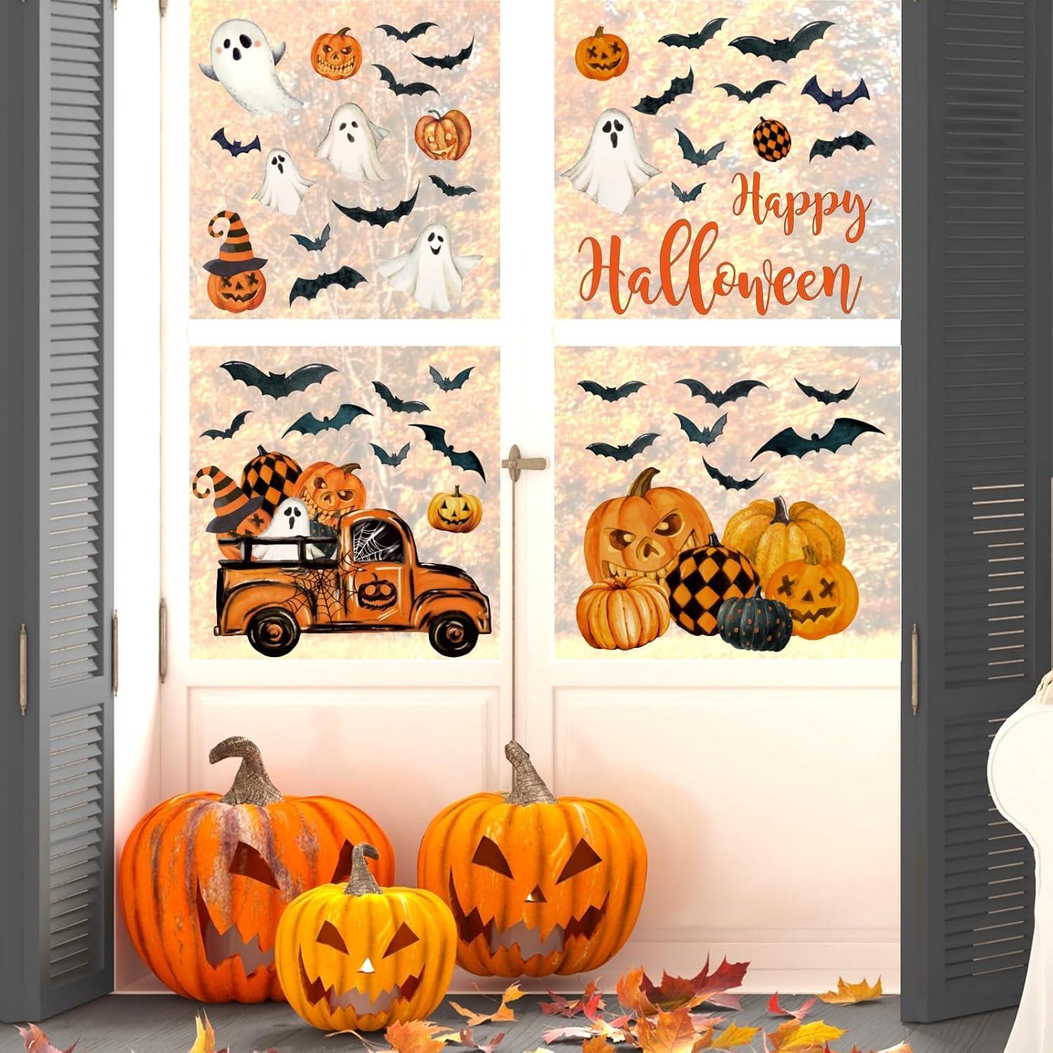 imageWhaline 6 Sheet Halloween Window Clings Black Orange Evil Scarecrow Pumpkin Truck Reusable Window Decals for Home Office School Glass DecorHalloween Scarecrow