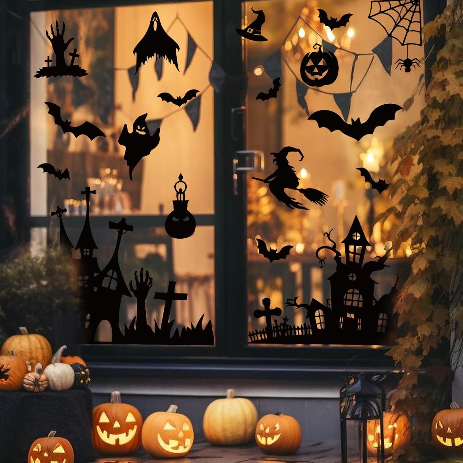 imageWhaline 6 Sheet Halloween Window Clings Black Orange Evil Scarecrow Pumpkin Truck Reusable Window Decals for Home Office School Glass DecorHalloween Silhoutte