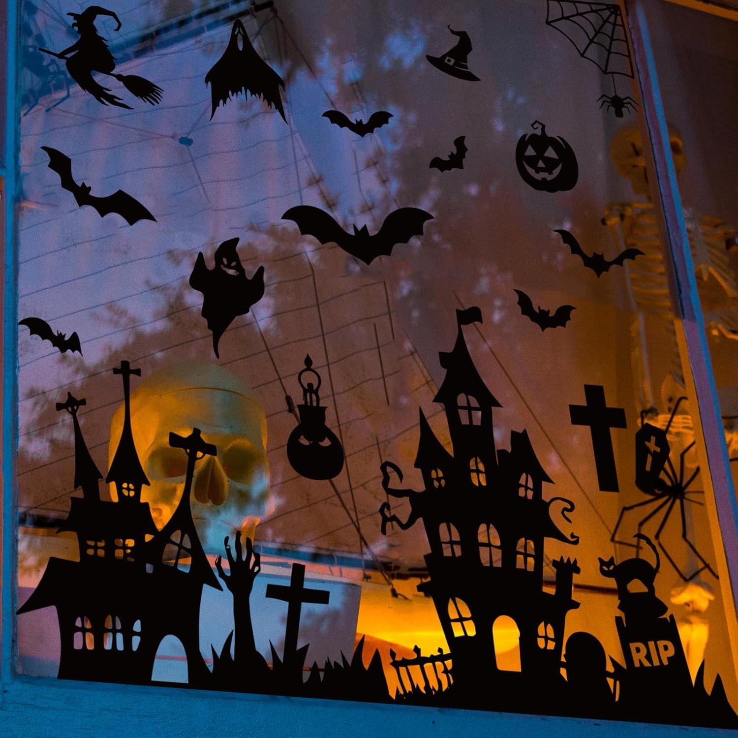 imageWhaline 6 Sheet Halloween Window Clings Black Orange Evil Scarecrow Pumpkin Truck Reusable Window Decals for Home Office School Glass DecorHalloween Silhoutte