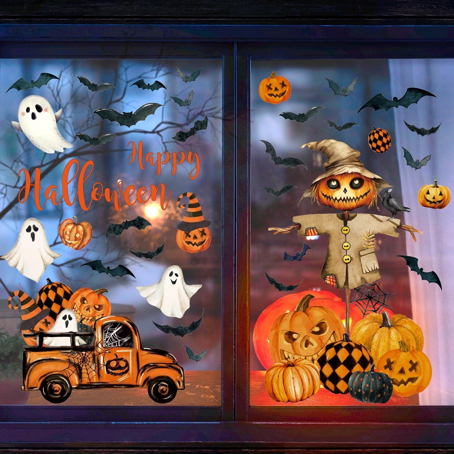 imageWhaline 6 Sheet Halloween Window Clings Black Orange Evil Scarecrow Pumpkin Truck Reusable Window Decals for Home Office School Glass DecorHalloween Scarecrow