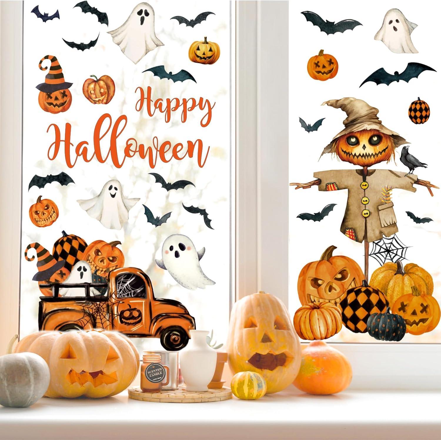 imageWhaline 6 Sheet Halloween Window Clings Black Orange Evil Scarecrow Pumpkin Truck Reusable Window Decals for Home Office School Glass DecorHalloween Scarecrow