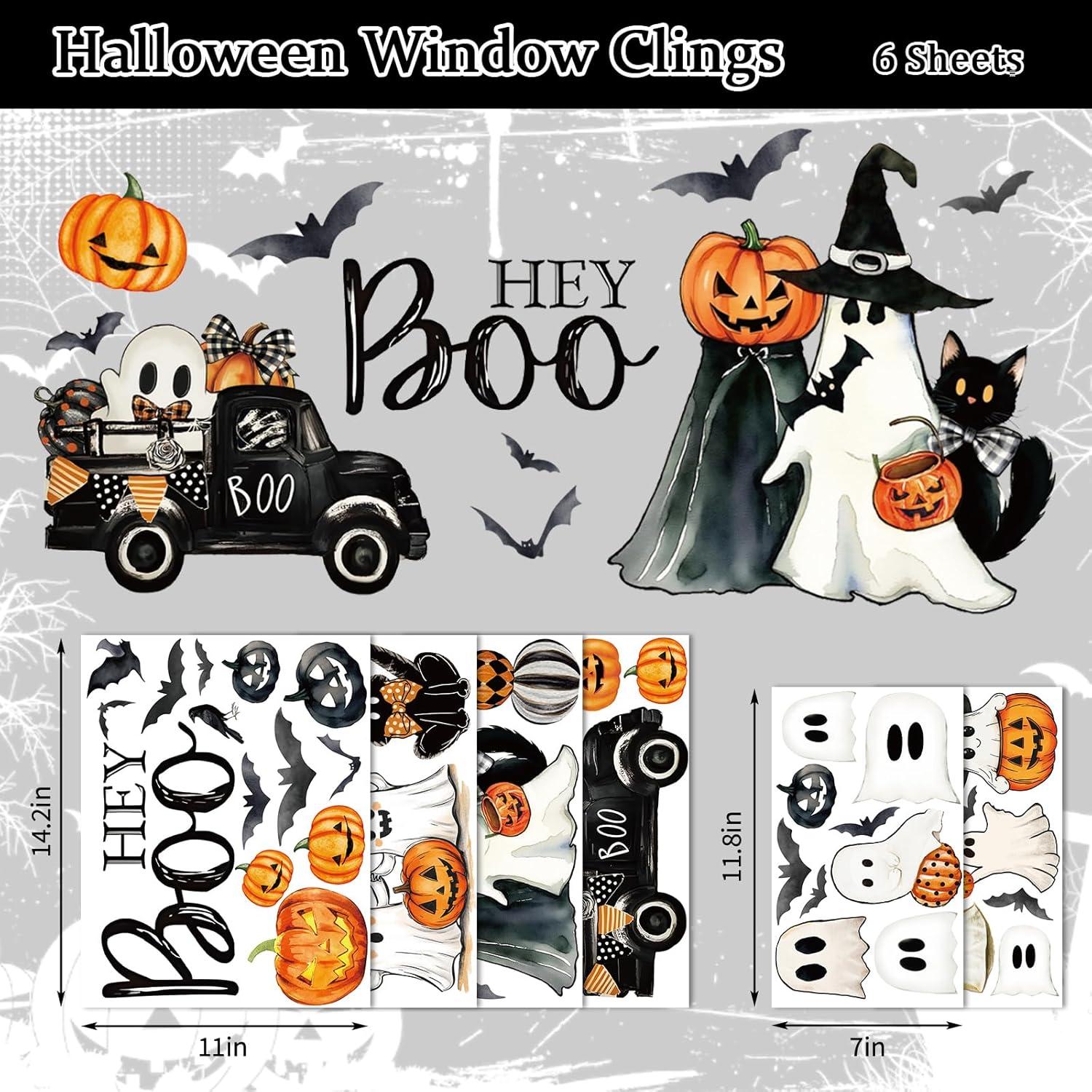 imageWhaline 6 Sheet Halloween Window Clings Black Orange Evil Scarecrow Pumpkin Truck Reusable Window Decals for Home Office School Glass DecorHey Boo